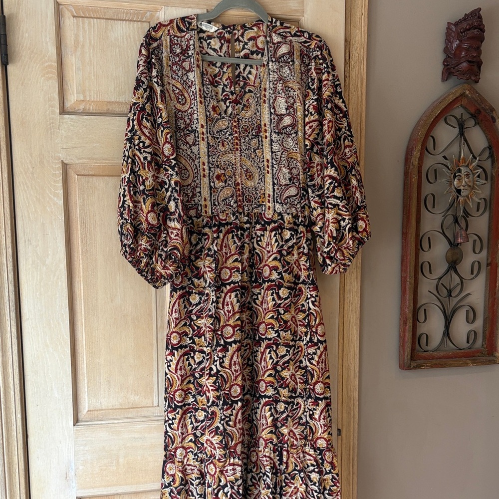 Marketplace Bohemian V-neck  Paisley Print Embroidered Cotton Dress Size 2X